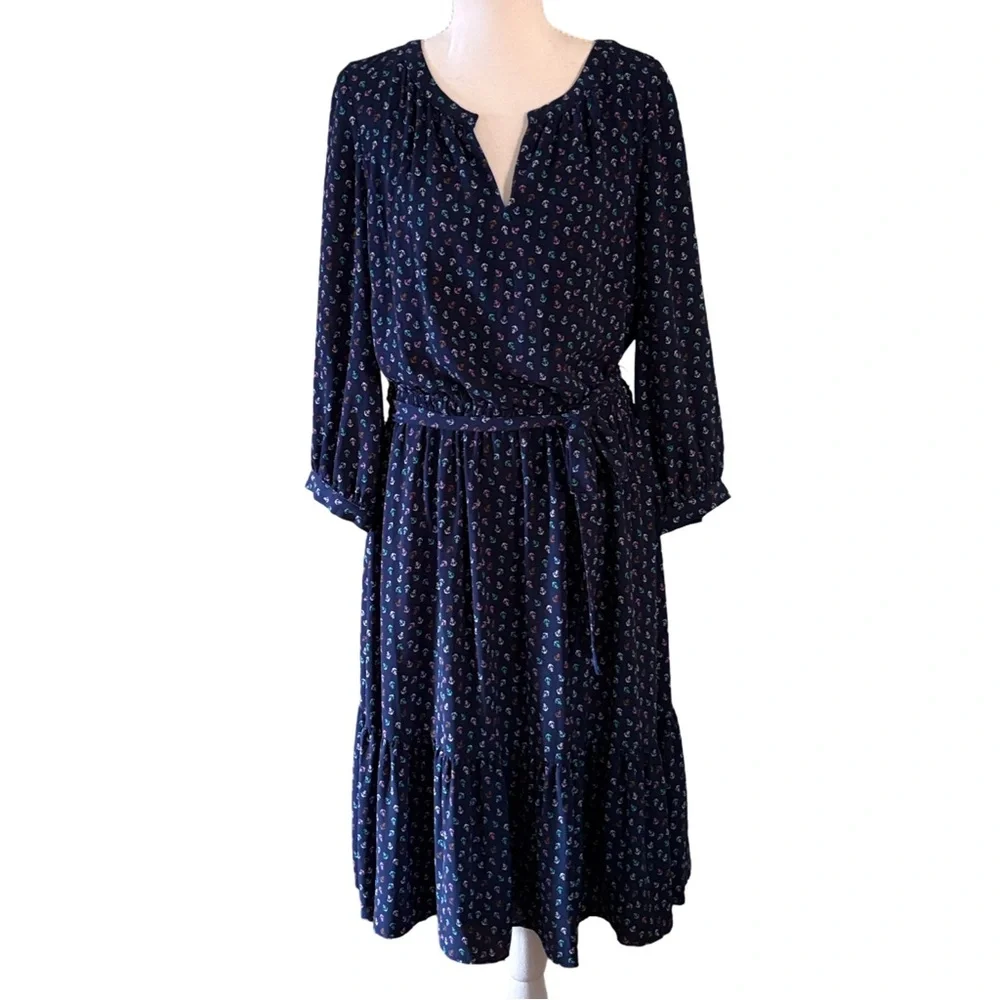 Talbots Navy Blue Henley Cinched Belted Waist Chiffon Nautical Dress Size 10 - Picture 6 of 12